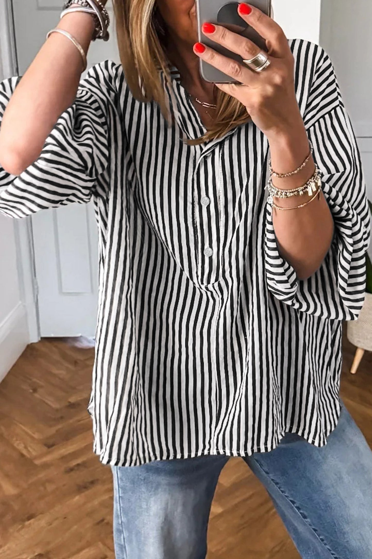 Black Striped Half-Sleeve Button-Up Shirt