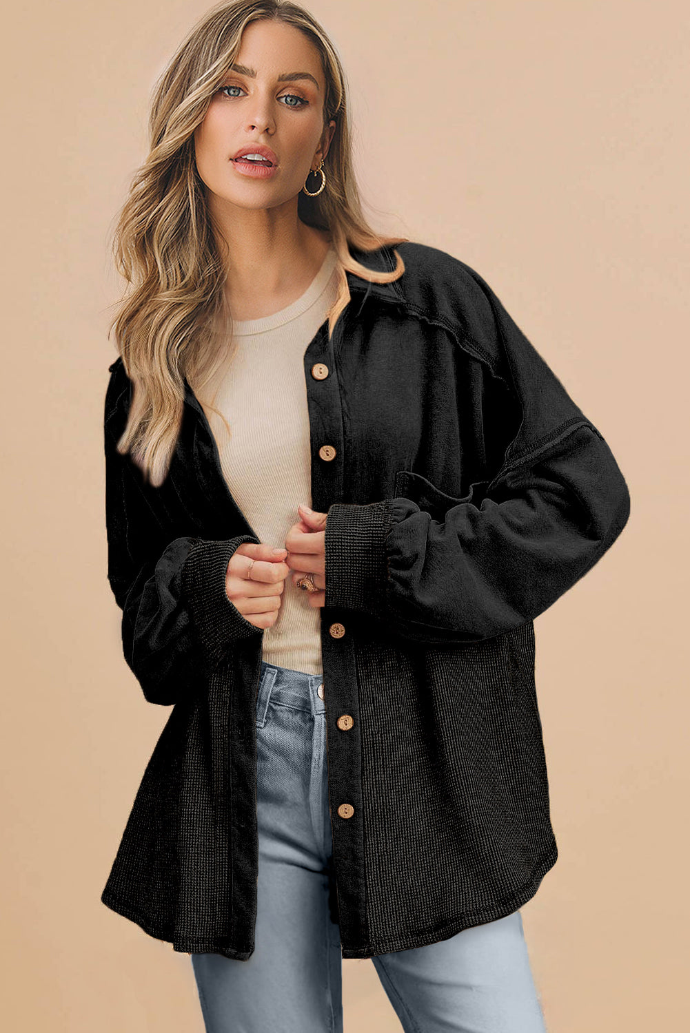 Black Waffle-Knit Oversized Shacket