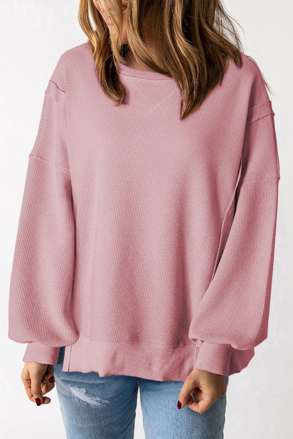 Gray Waffle-Knit Bishop-Sleeve Oversized Top