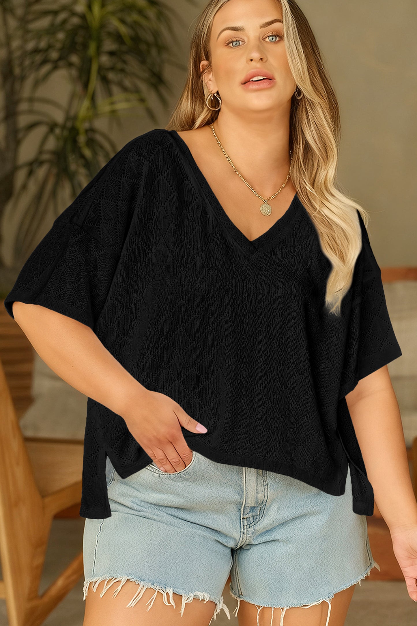 Golden Fleece Pointelle V-Neck Knit Top