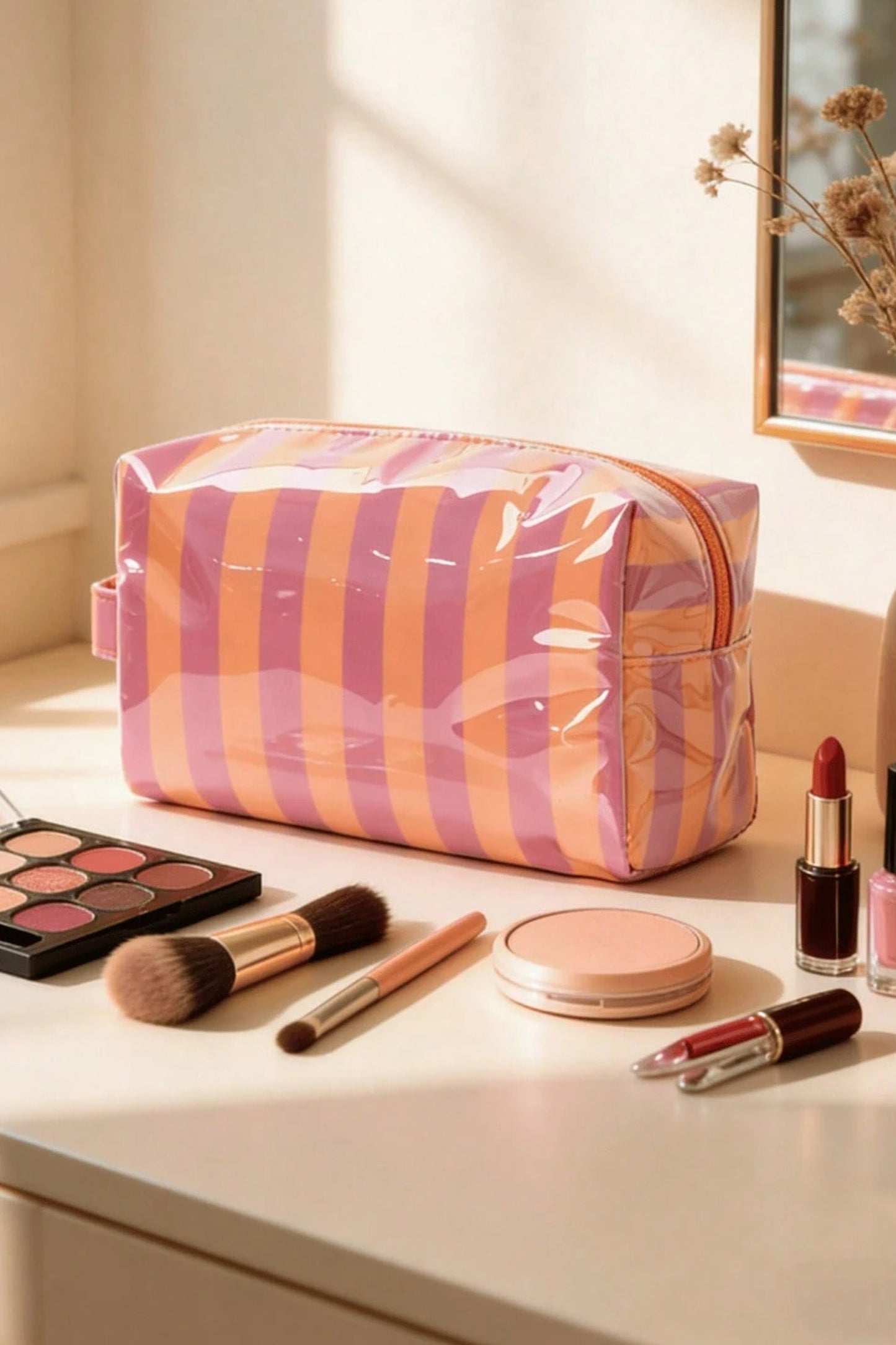 Pink Striped Travel Cosmetic Bag