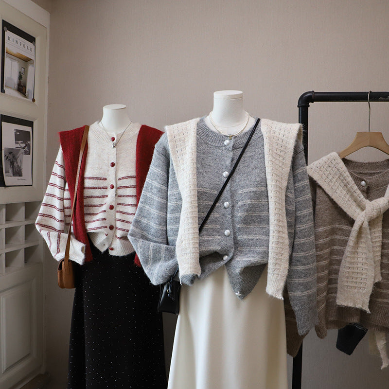 Striped Color-Block Cardigan and Shawl