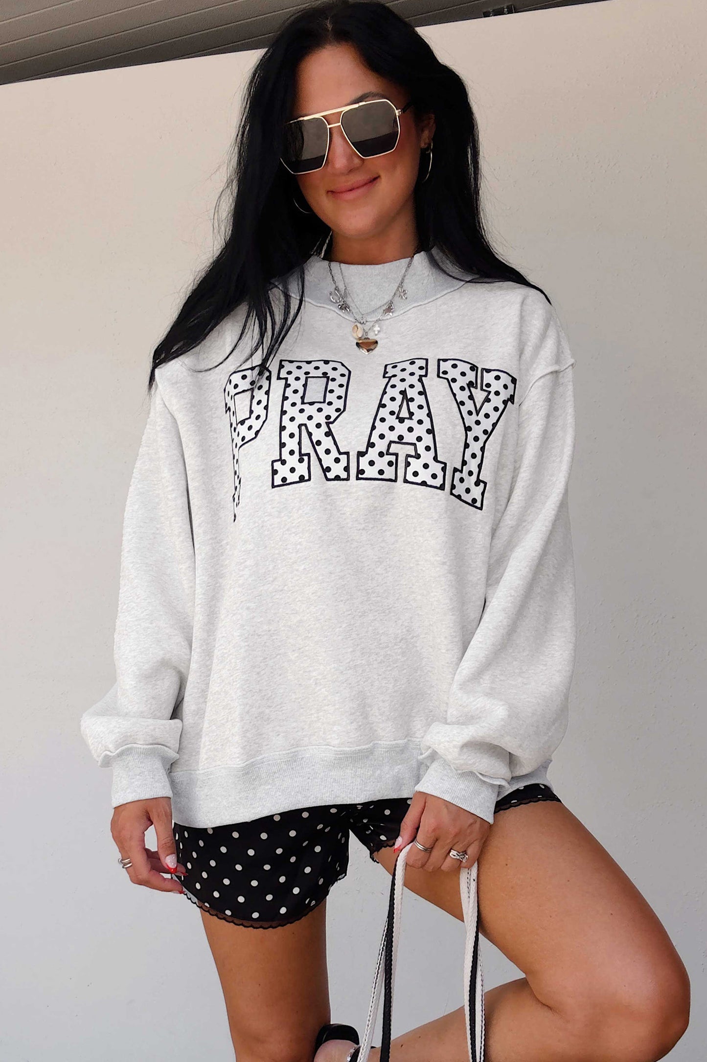 Gray PRAY Polka-Dot Mock-Neck Sweatshirt