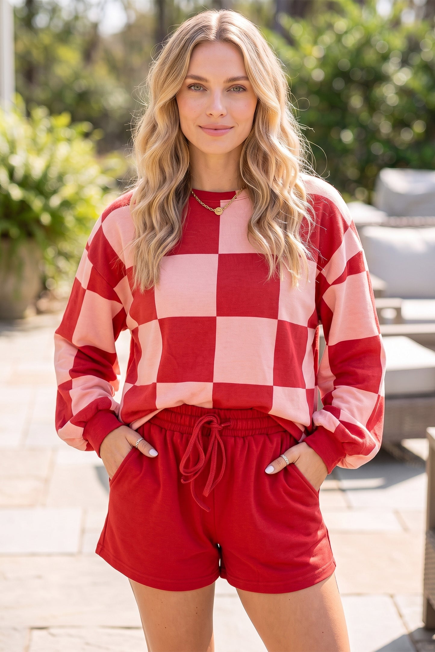 Khaki Checkerboard Plaid Long-Sleeve Solid Shorts Two-Piece Set