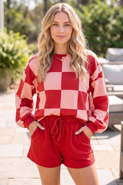 Khaki Checkerboard Plaid Long-Sleeve Solid Shorts Two-Piece Set