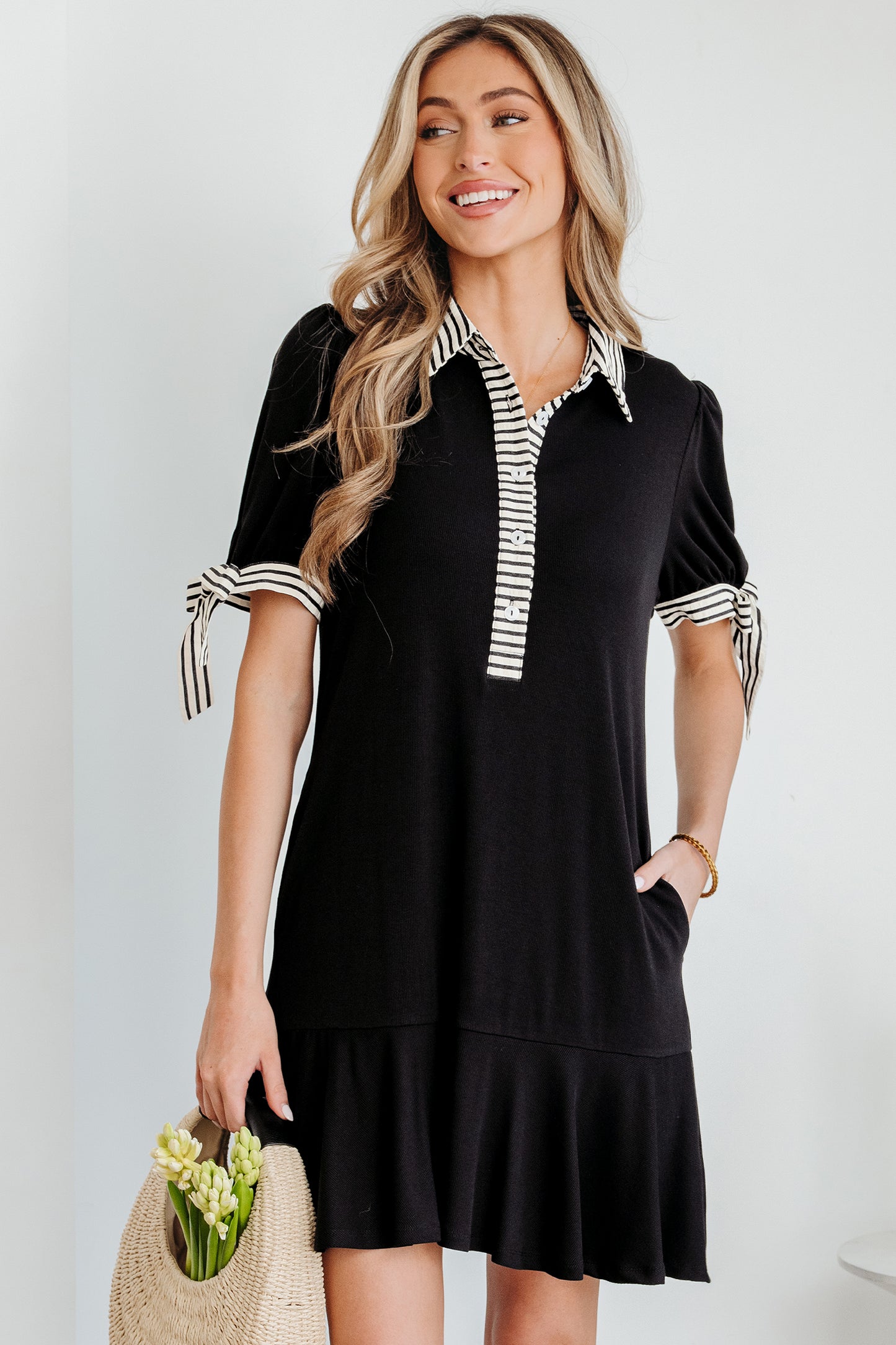 Black Stripe-Trim Polo Mini Dress