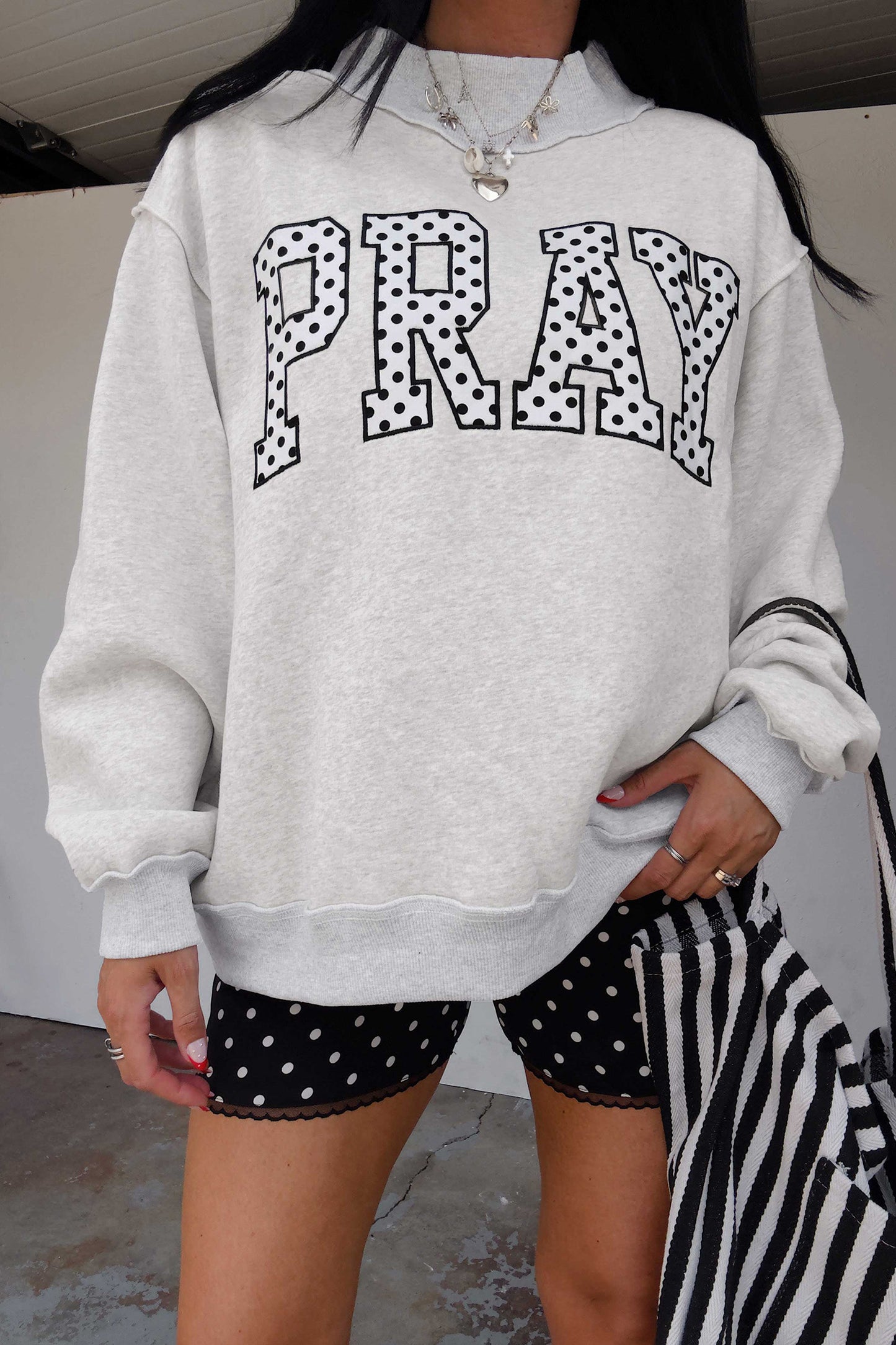 Gray PRAY Polka-Dot Mock-Neck Sweatshirt