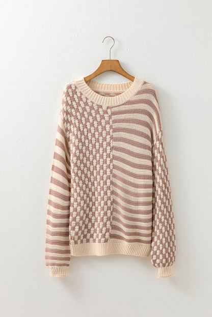 Khaki Checkerboard Striped Sweater