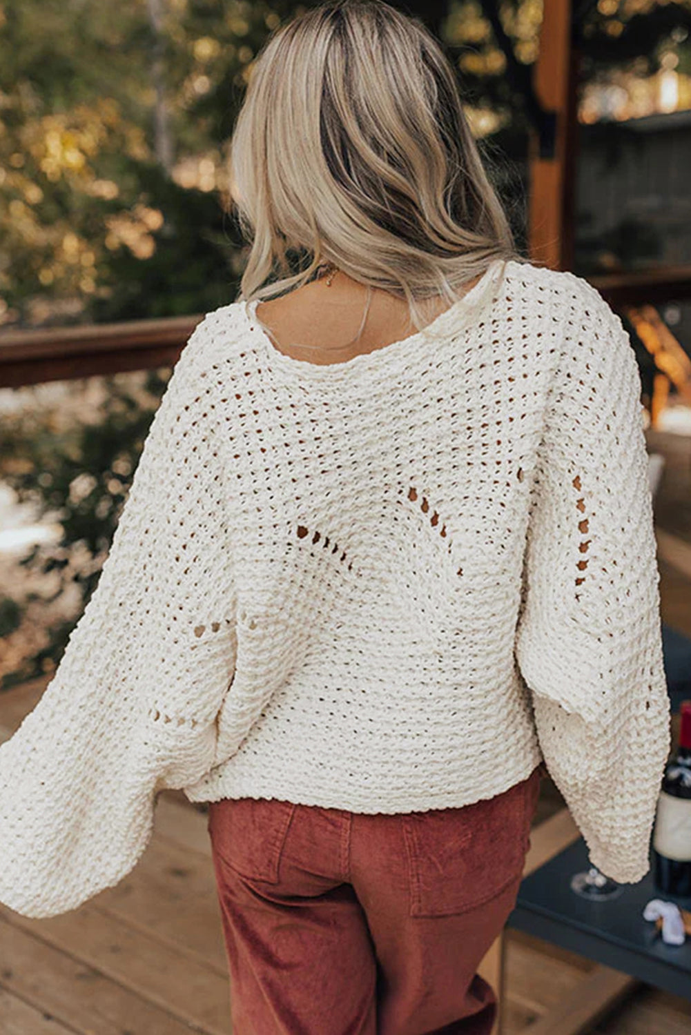 Camel Open-Knit Wide-Sleeve Sweater