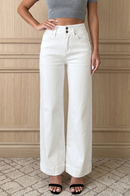 White 2-Button High Waist Wide Leg Jeans