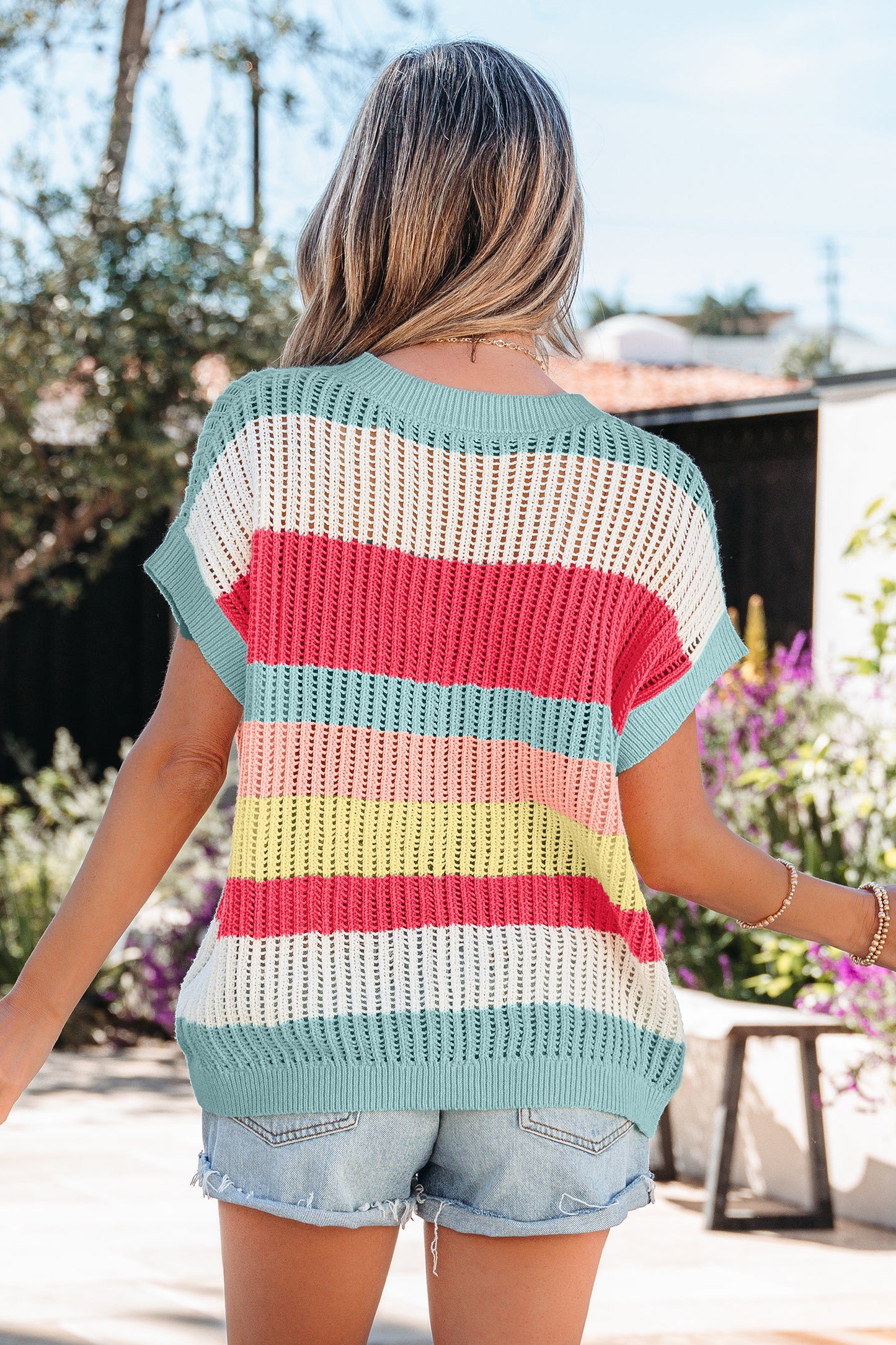 Green Stripe Color Block Hollow Out Knit Short-Sleeve Sweater