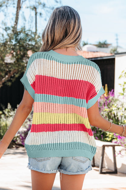 Green Stripe Color Block Hollow Out Knit Short-Sleeve Sweater