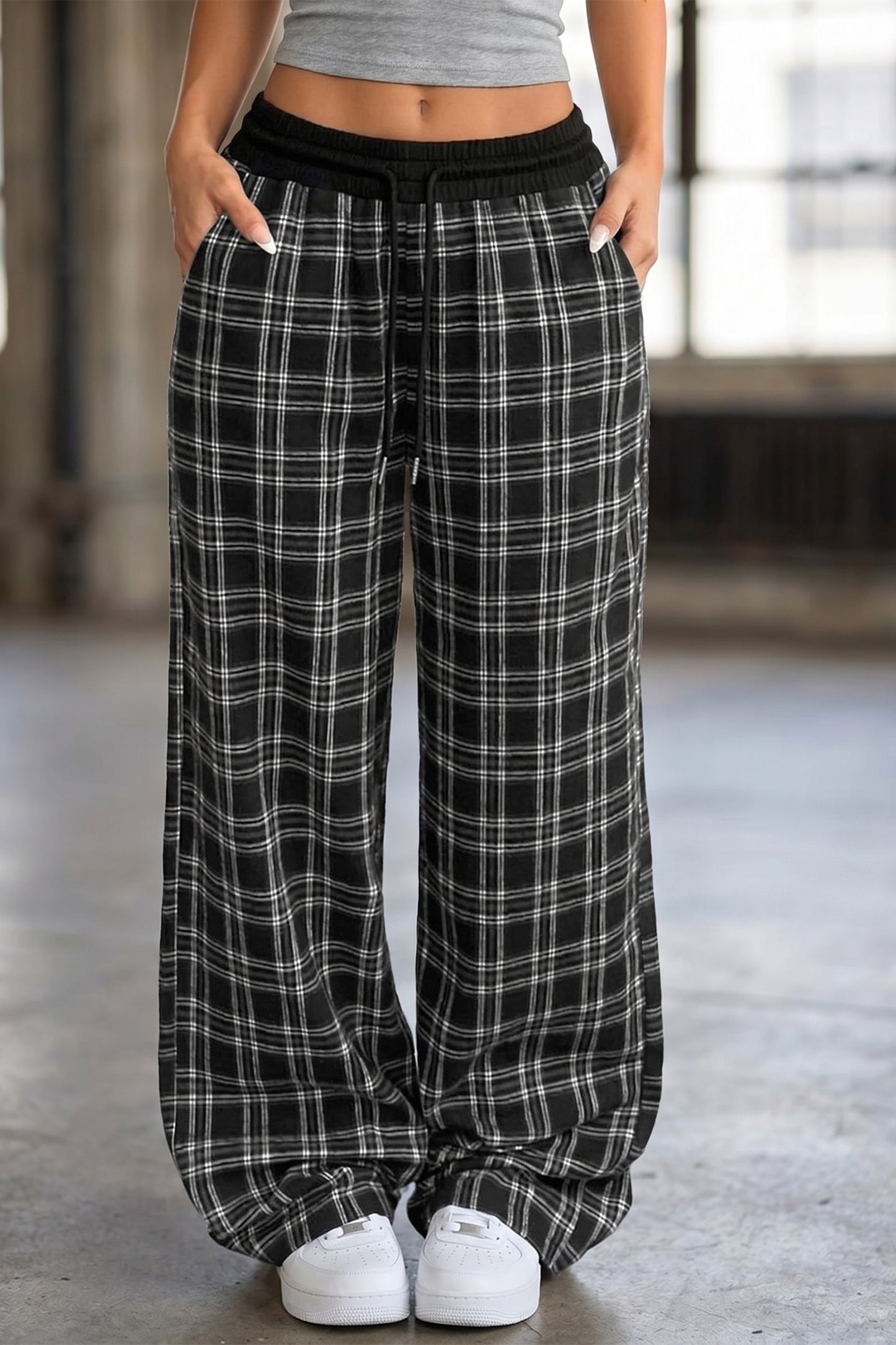 Black Frenchy Plaid Pattern Contrast Drawstring Waist Wide-Leg Pants