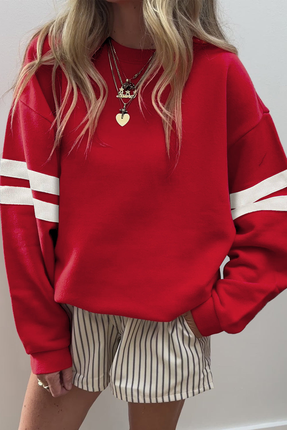 White Varsity Striped Detail Drop-Shoulder Oversized Sweatshirt