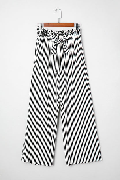 Black Stripe Tied High-Waist Loose Straight Casual Pants