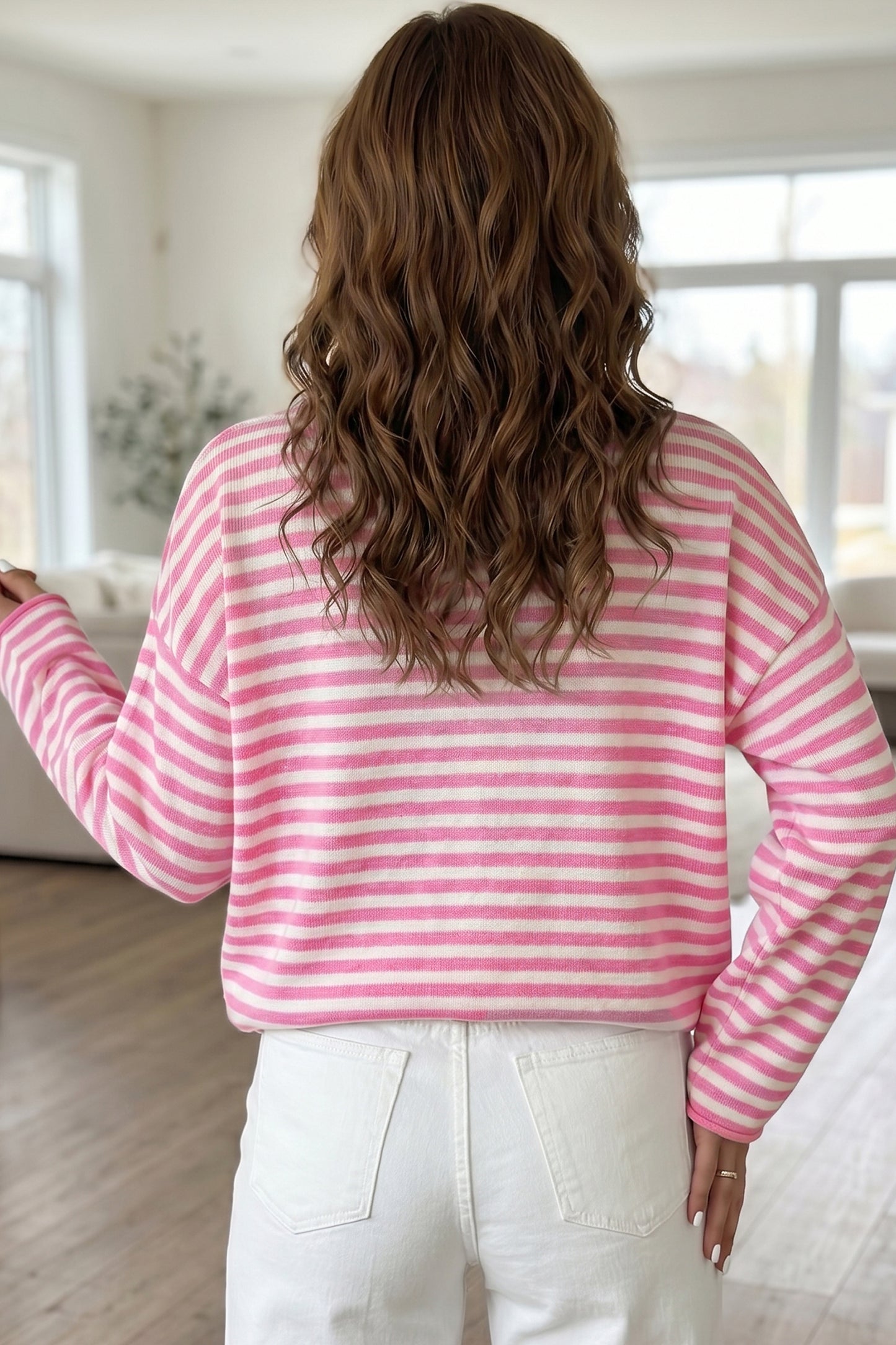 Green Striped Button-Placket Sweater