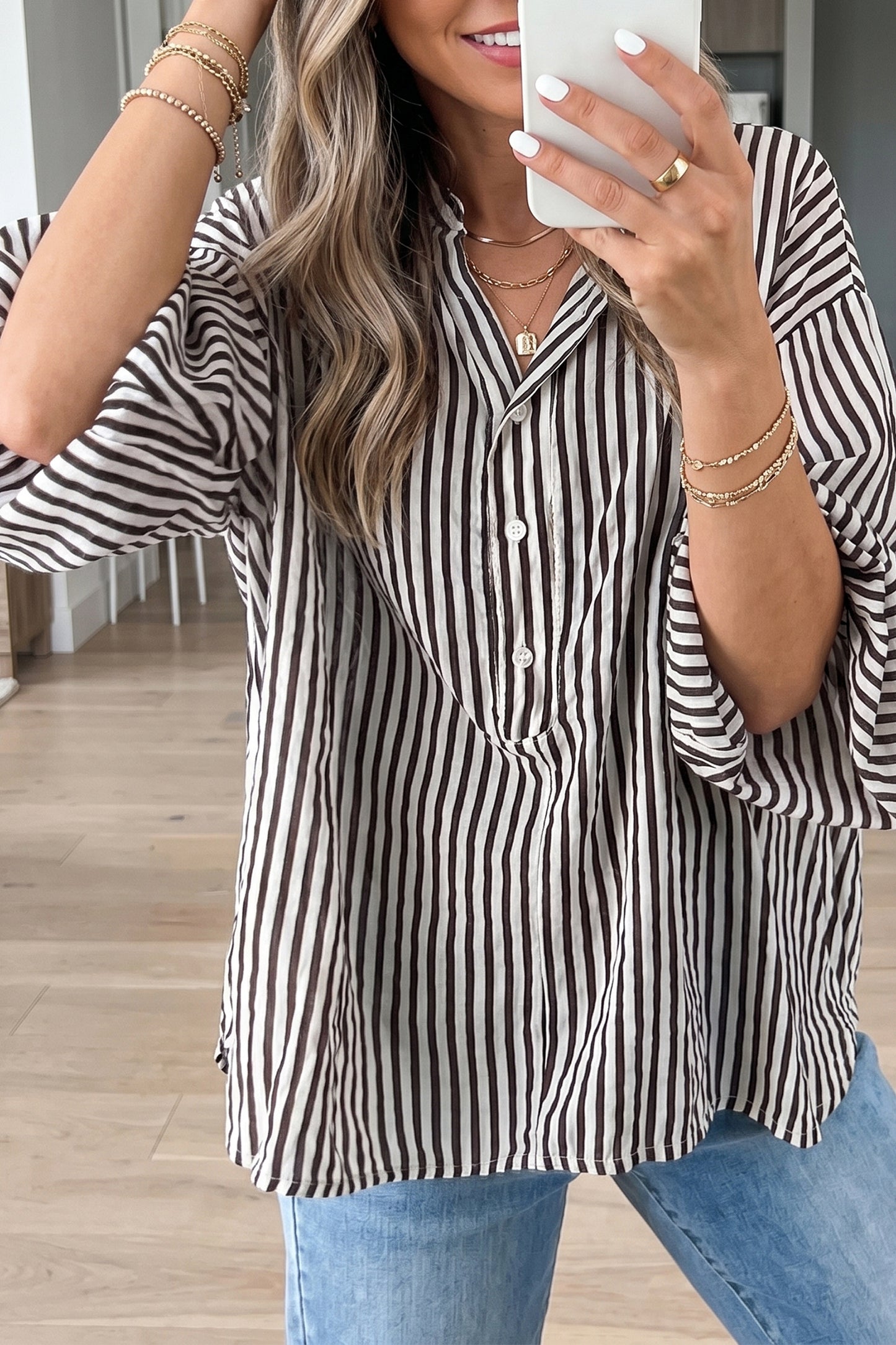 Black Striped Half-Sleeve Button-Up Shirt