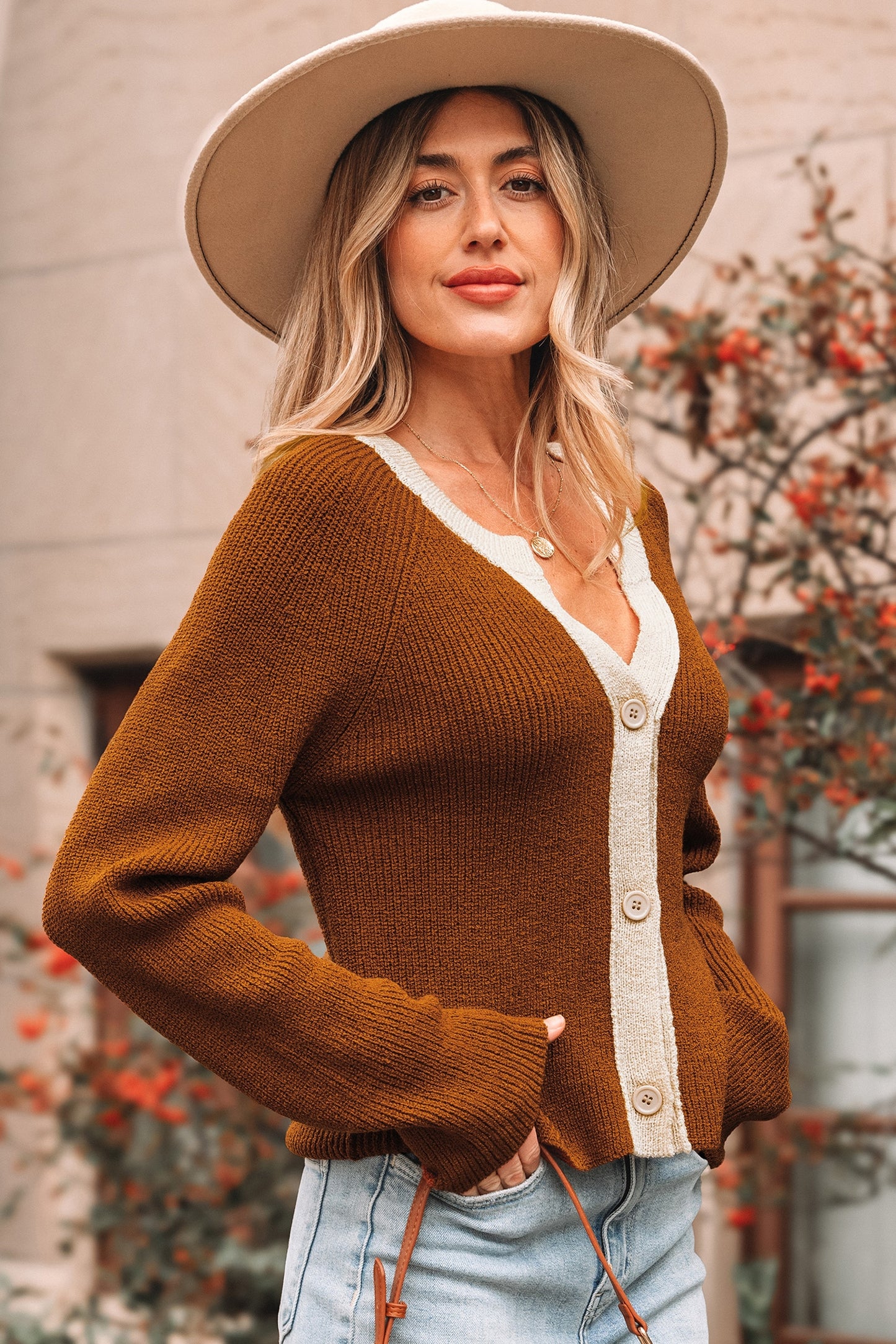 Chestnut Contrast-Trim Short Cardigan