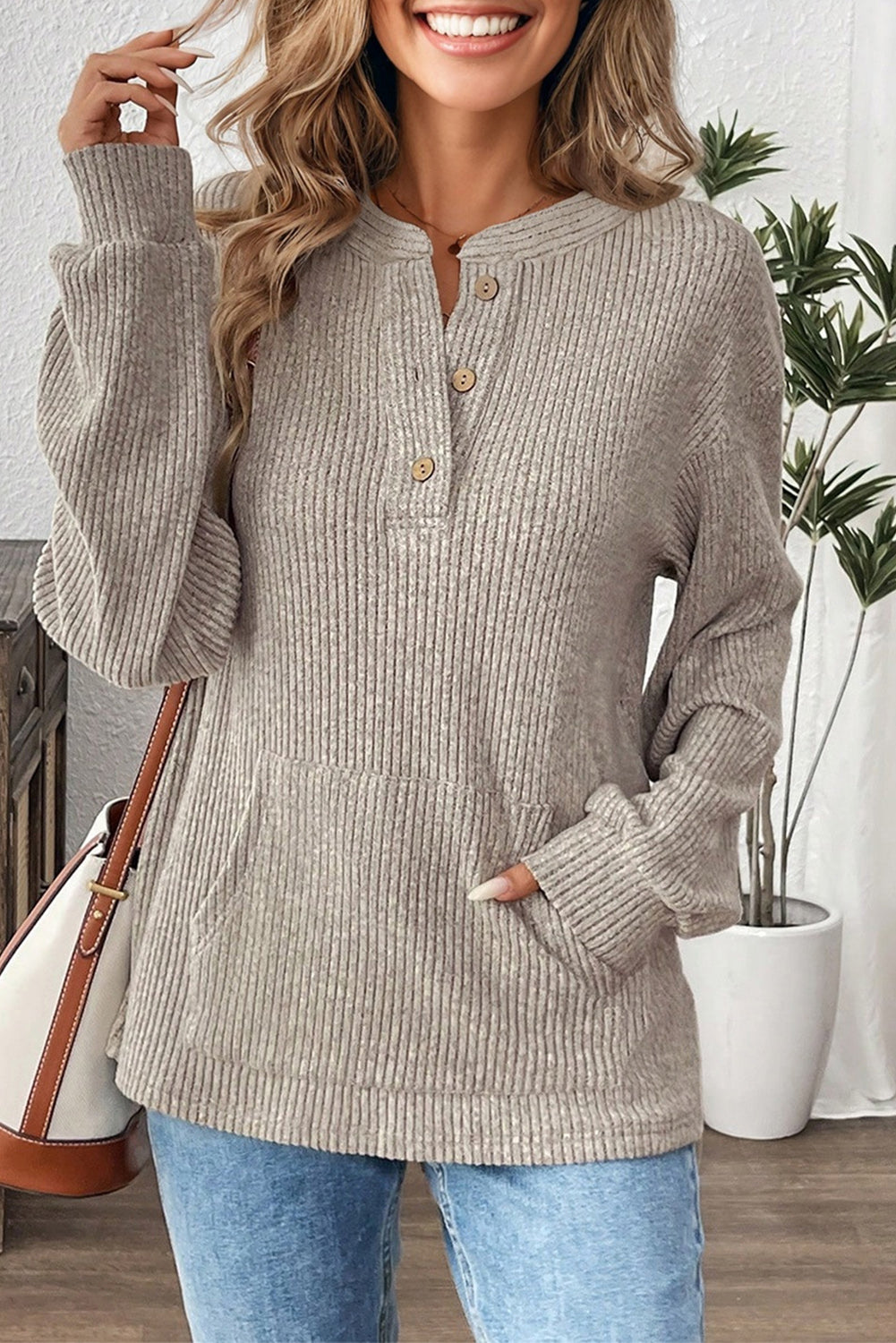 Clearly Aqua Ribbed Henley Knit Top