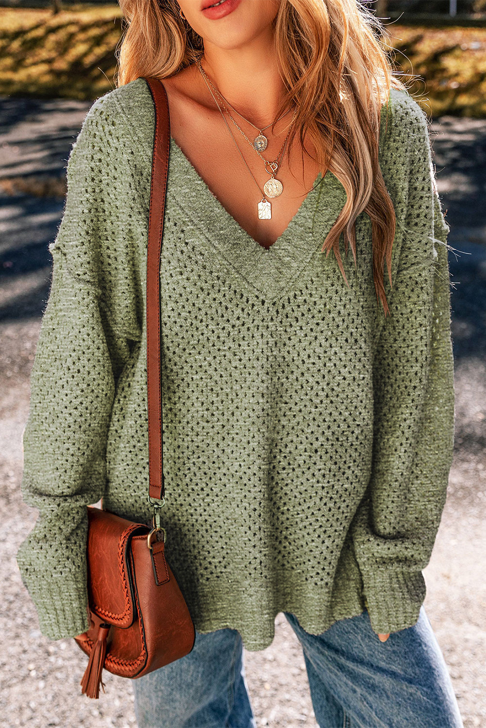 Jungle Green Eyelet Drop-Shoulder V-Neck Sweater