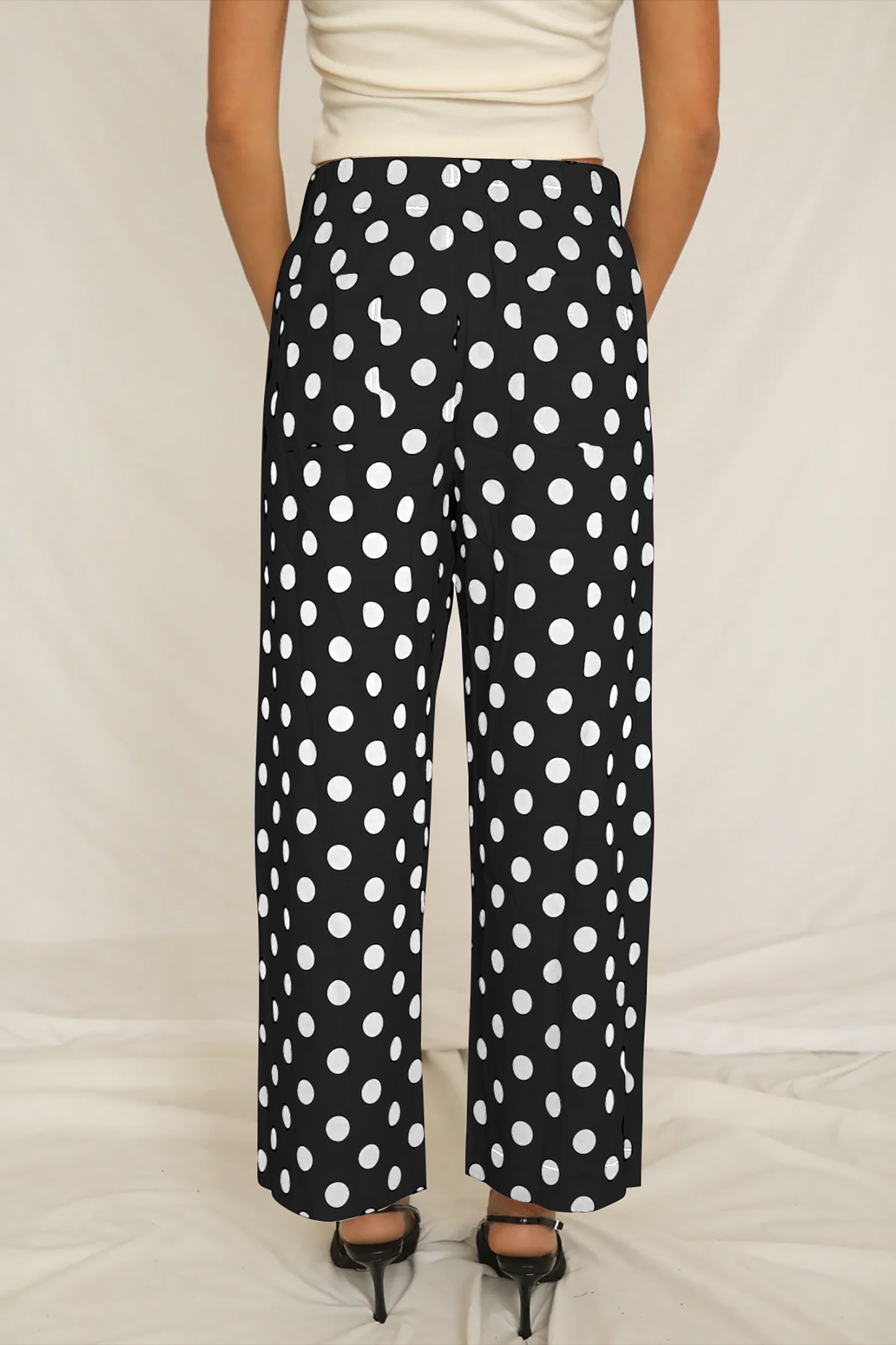 White Polka-Dot Straight-Leg Pants