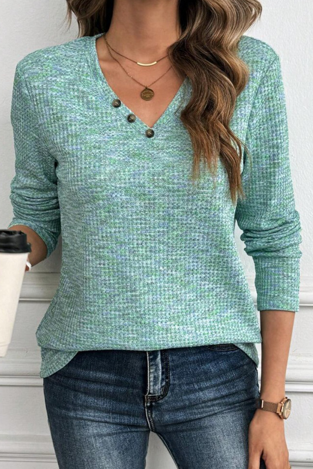 Moonlight Jade Buttoned V-Neck Knit Top