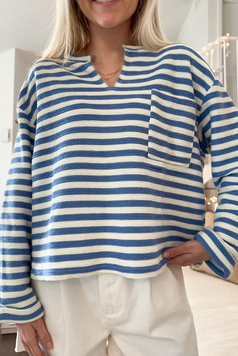 Sky Blue Stripe Back-Button Notch-Neck Top