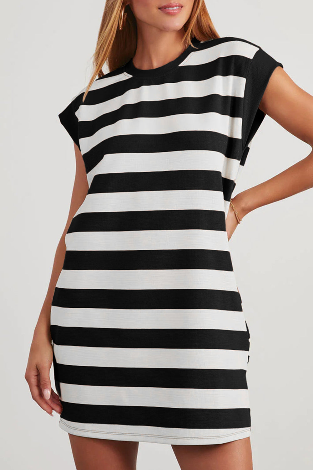 Black Striped Cap-Sleeve T-Shirt Dress