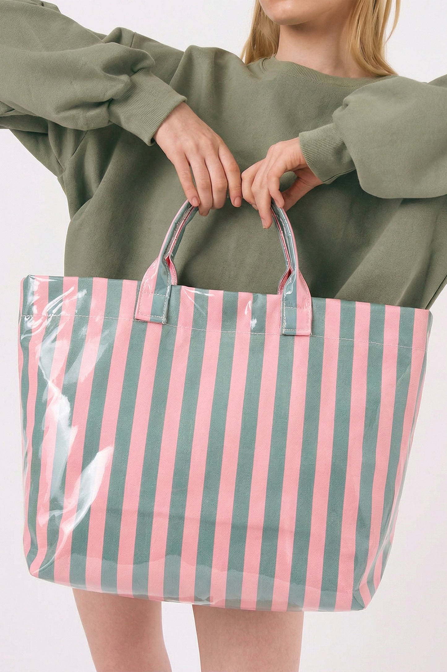 Red Glossy Striped Vinyl Large Tote Bag (Color Varied)
