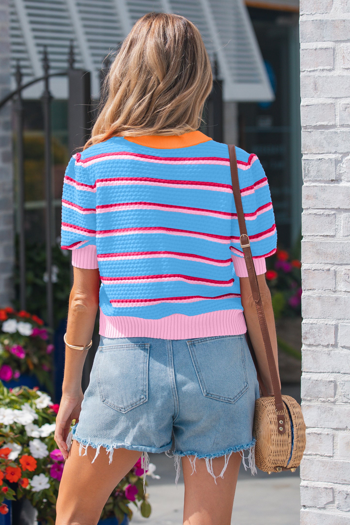 Green Striped Color-Block Short-Sleeve Sweater