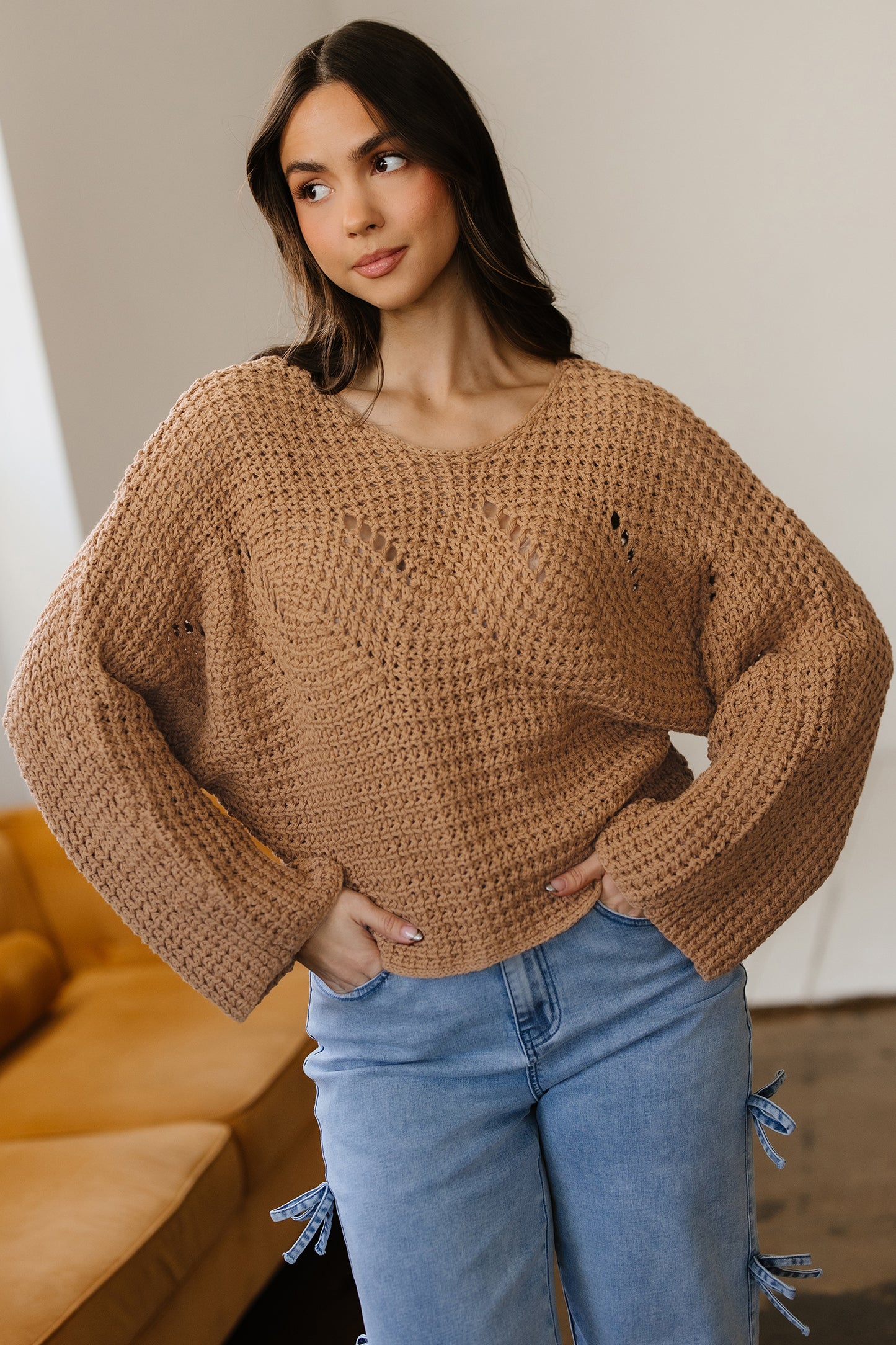Camel Open-Knit Wide-Sleeve Sweater