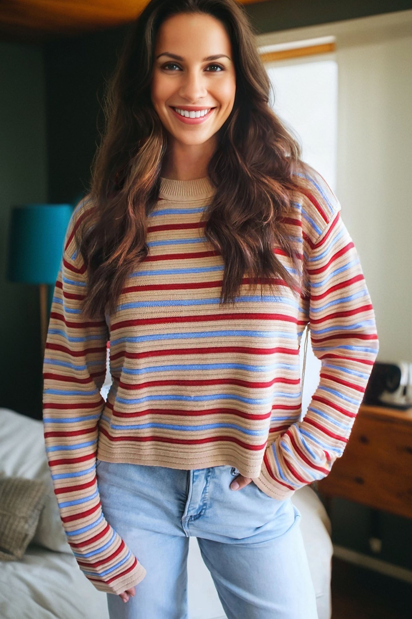 Khaki Multicolor Striped Cropped Sweater