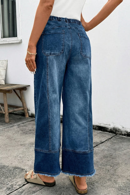 Prussian Blue Drawstring Seam Detail Raw Hem Wide-Leg Denim Pants