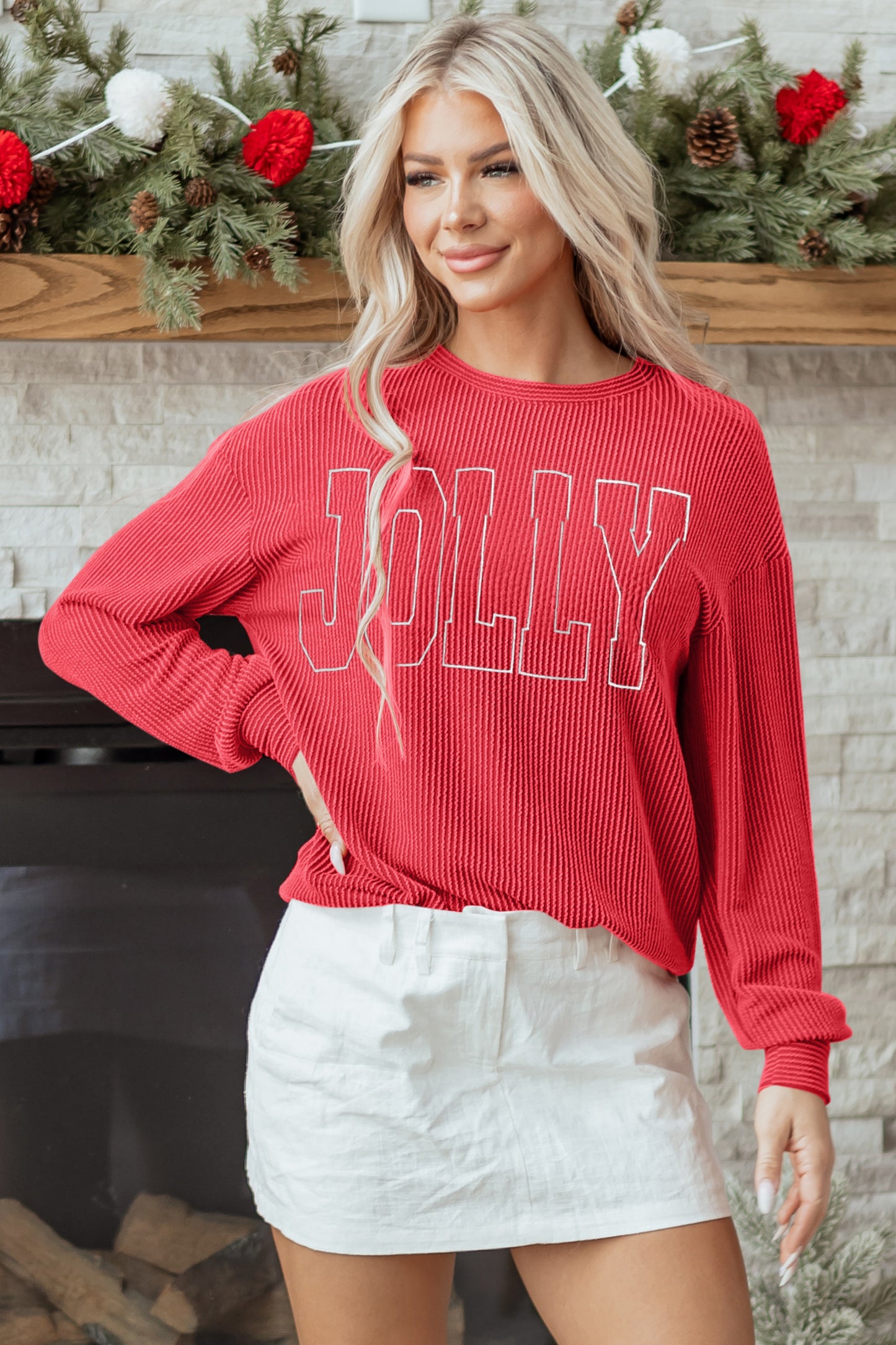 Blackish Green Twisted Rib Outlined Merry Letter Graphic Loose Long-Sleeve Top