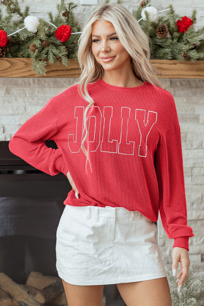 Blackish Green Twisted Rib Outlined Merry Letter Graphic Loose Long-Sleeve Top