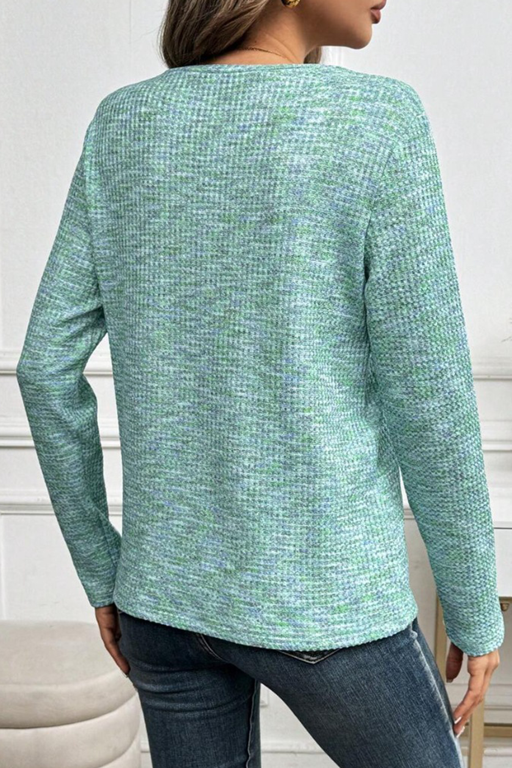 Moonlight Jade Buttoned V-Neck Knit Top