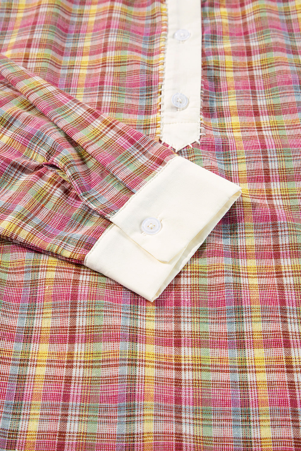 Pink Plaid Contrast-Trim Henley Blouse