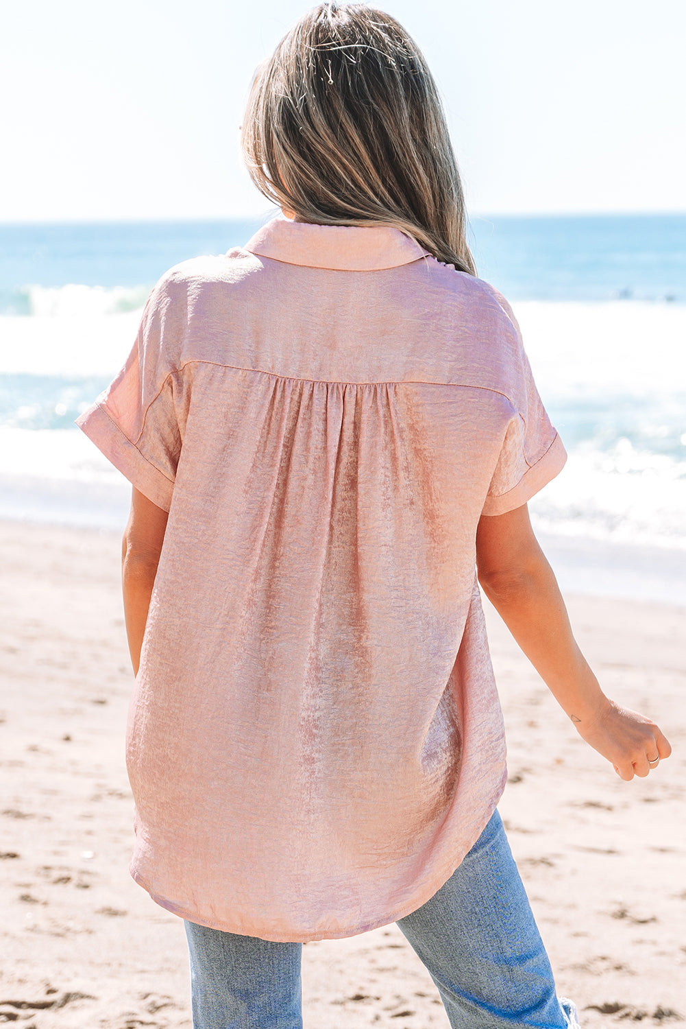 Pink Metallic Button-Up Short-Sleeve Shirt