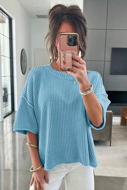Mist Blue Exposed Seam Detail Half-Sleeve Loose Sweater