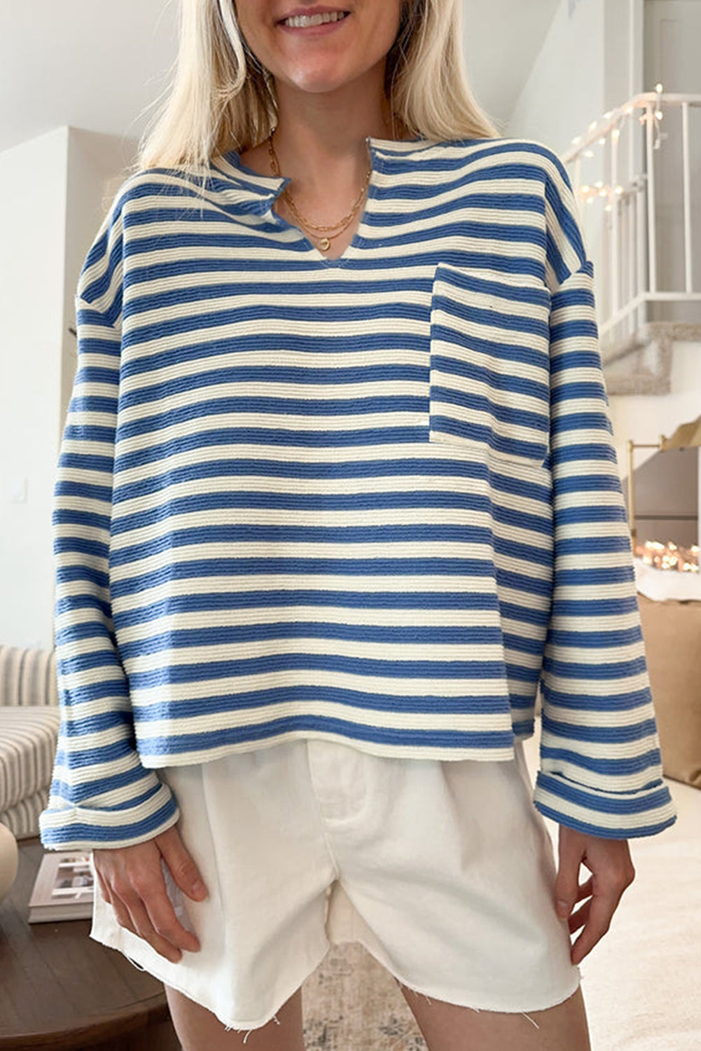 Sky Blue Stripe Back-Button Notch-Neck Top