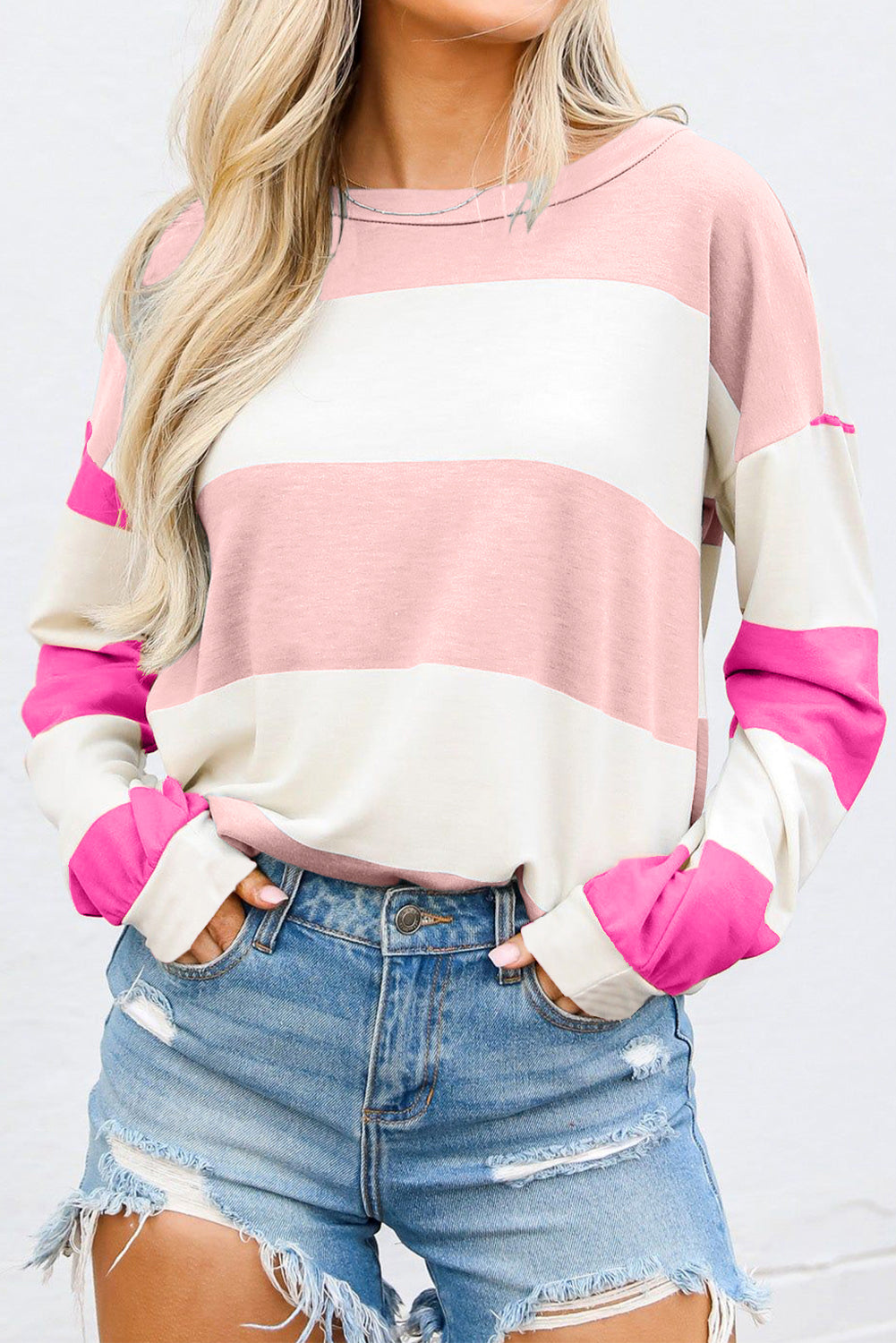 Light Blue Color-Block Striped Long-Sleeve Top