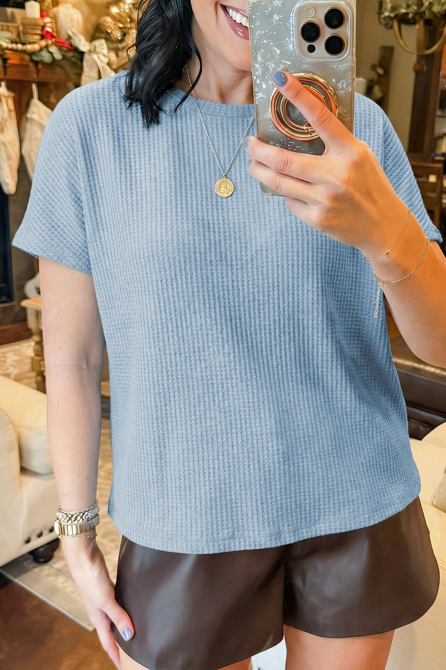 Beau Blue Waffle-Knit Dolman-Sleeve Top