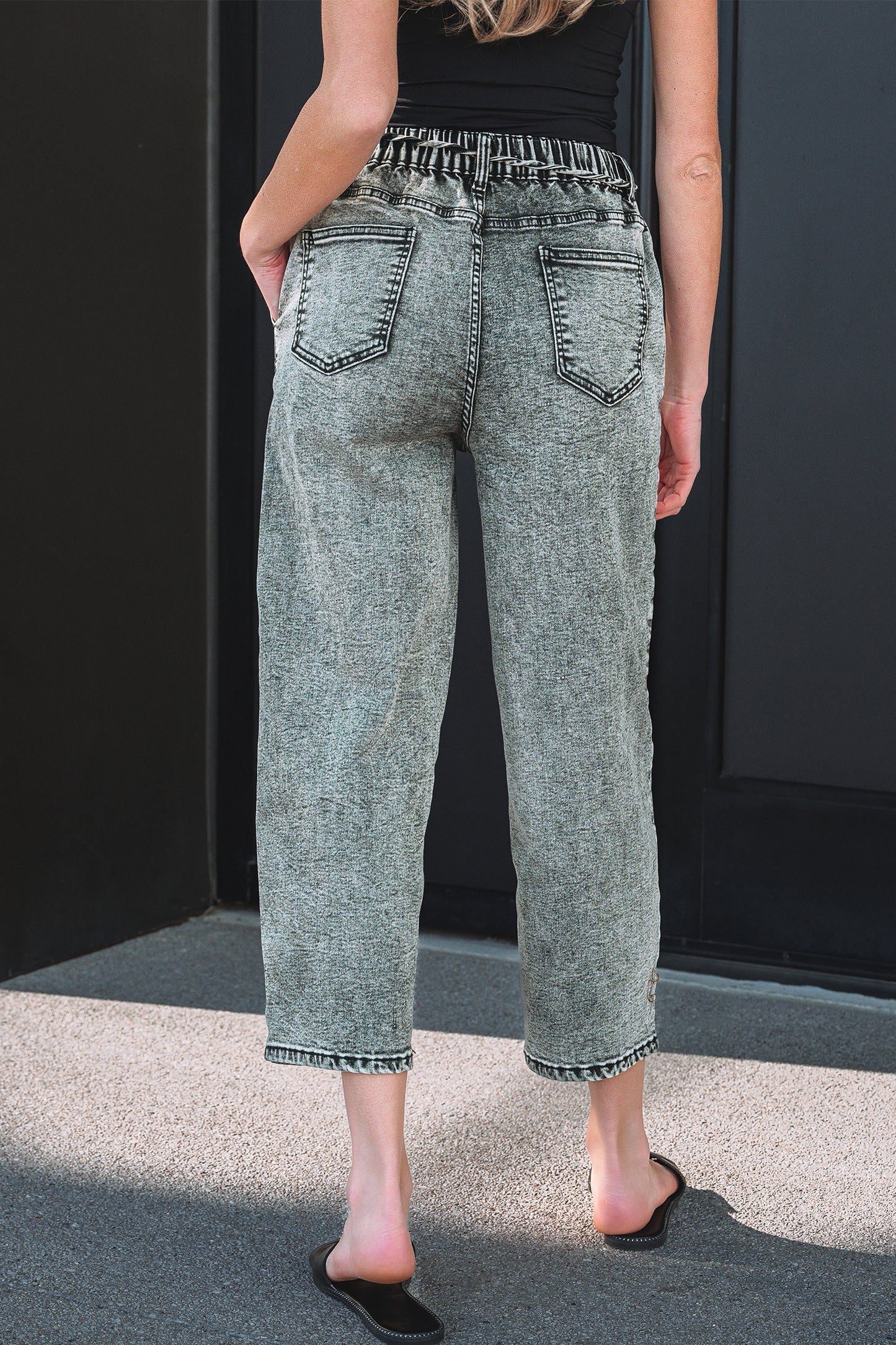 Gray Acid-Wash Tie-Waist Jeans