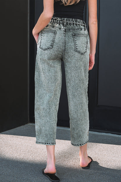 Gray Acid-Wash Tie-Waist Jeans