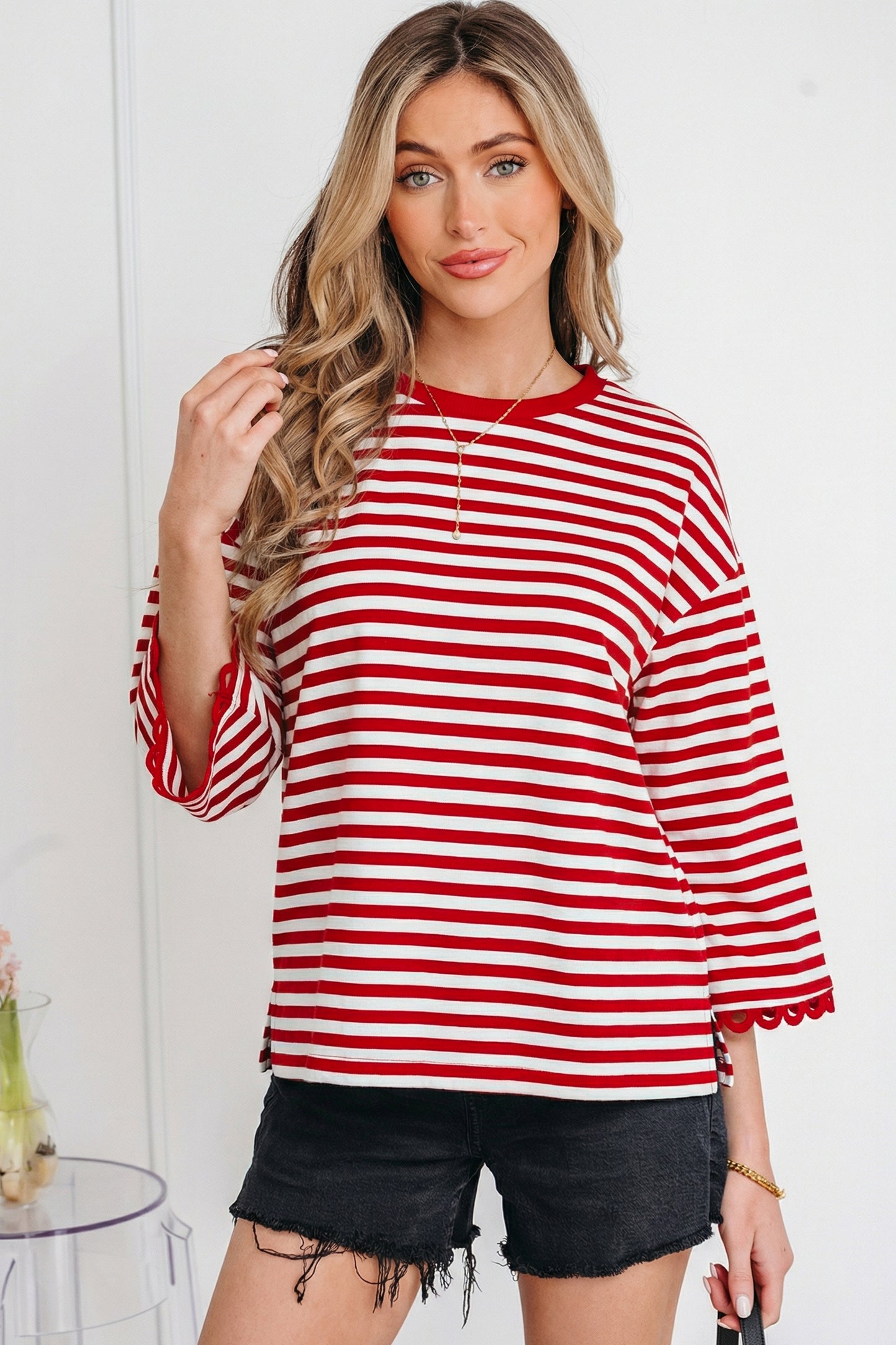 Racing Red Striped Lace-Trim Top