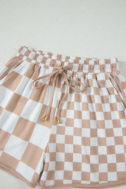 Khaki Checkerboard Drawstring Shorts