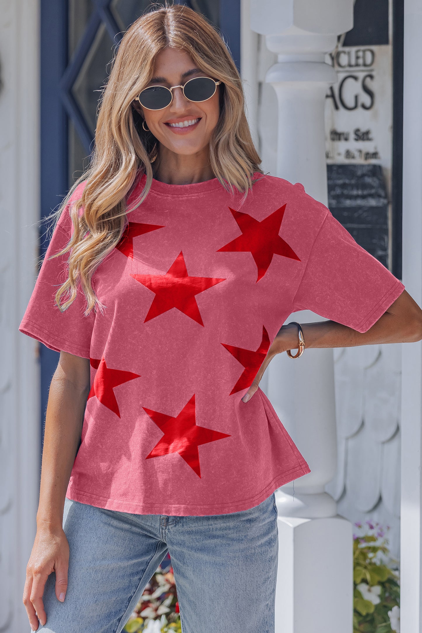 Blue Independence Day Star Printed Mineral Wash T-Shirt