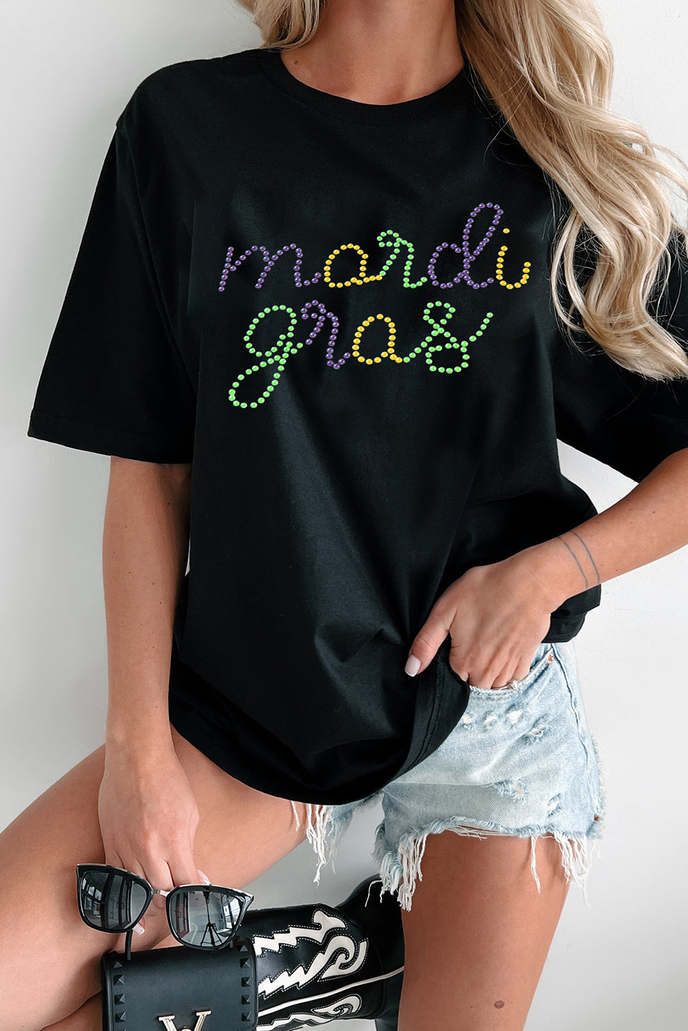Black Rhinestone Mardi Gras Graphic Tee