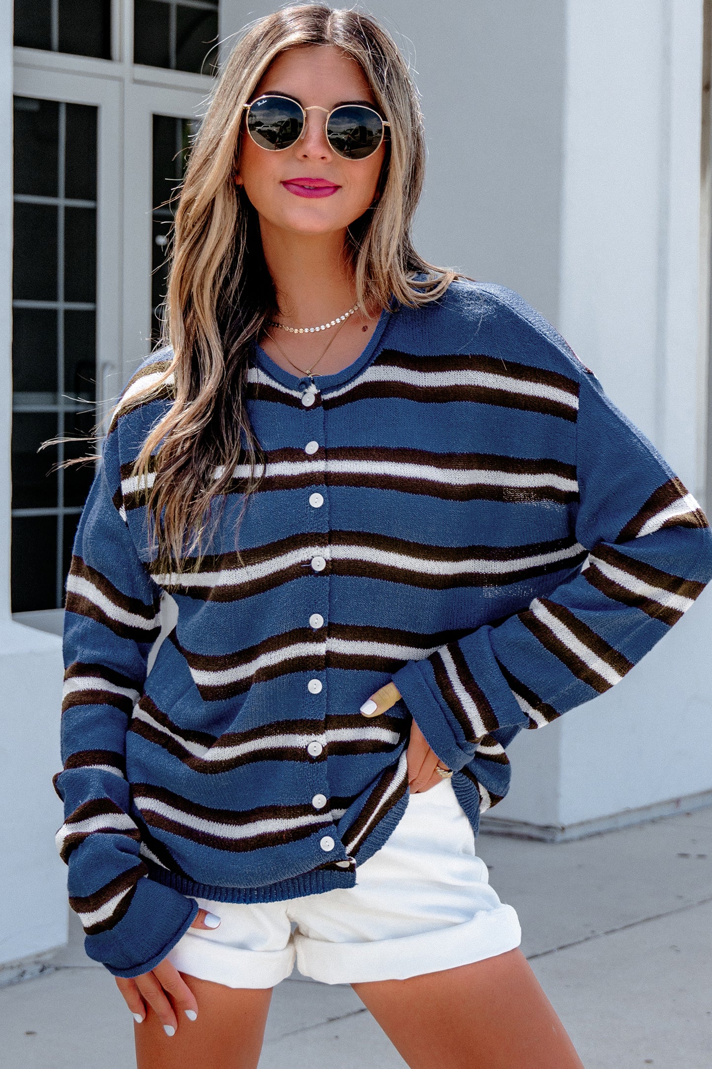 Blue Striped Drop-Shoulder Cardigan