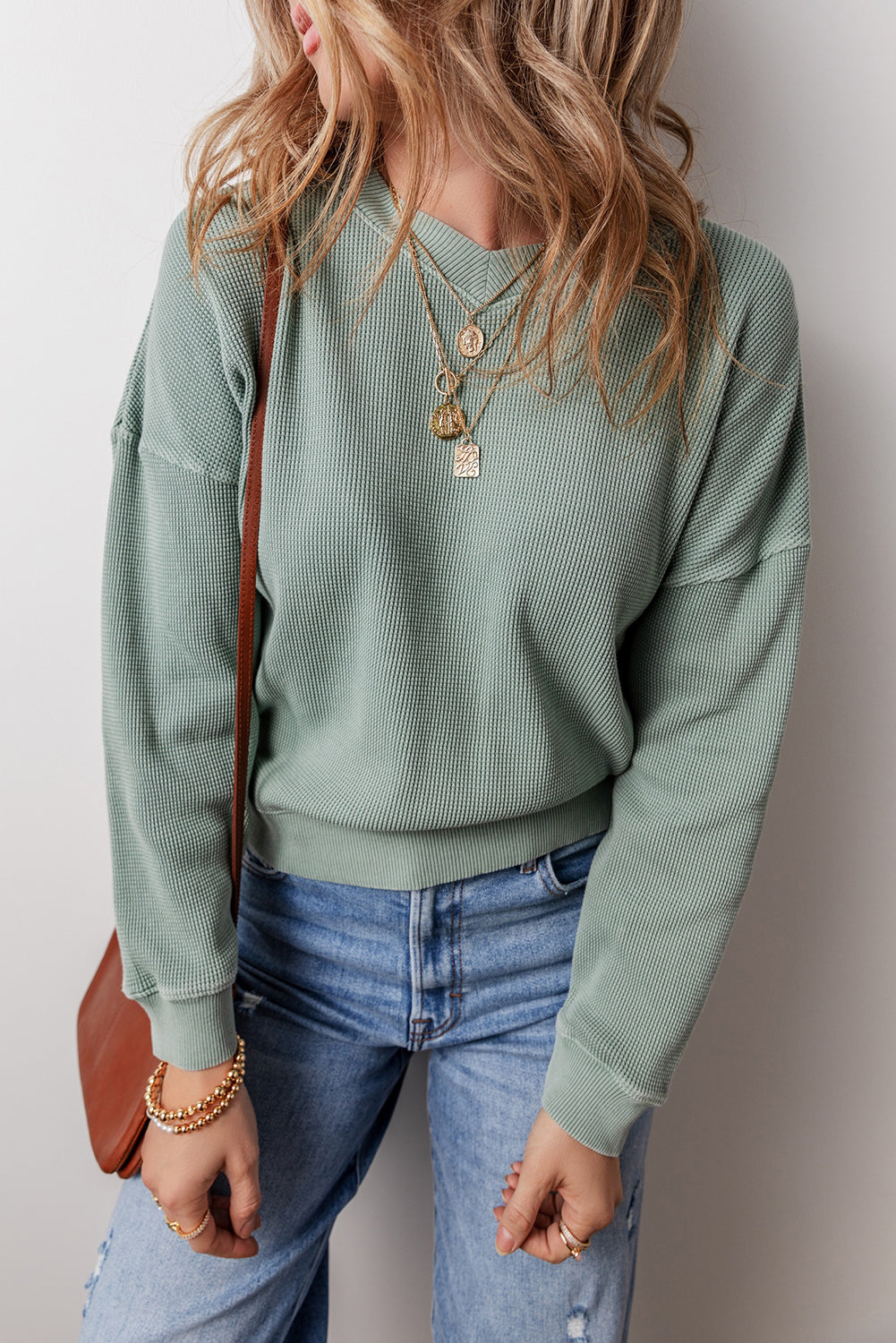 Aqua Waffle-Knit Drop-Shoulder V-Neck Top